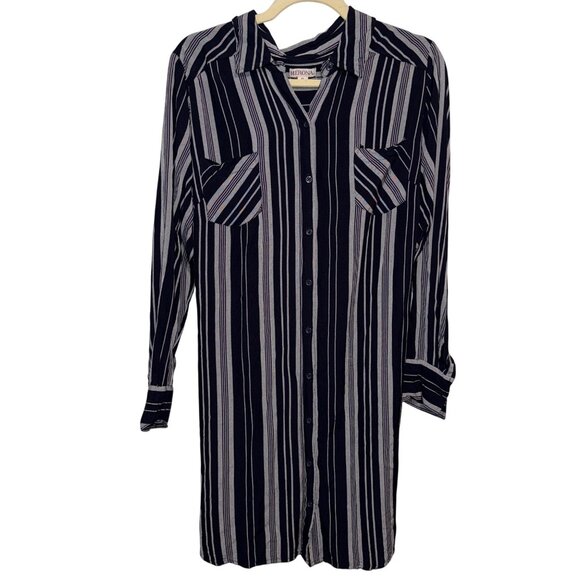 Merona Womens Button-Down Striped Shirt Dress XL Black & Gray Long Sleeve - Picture 1 of 7